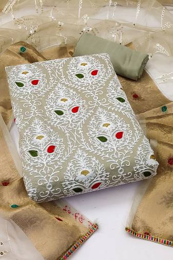 Women's light green unstitched  chain embroidered  with embroidered dupatta modal silk dress material (msmfc11270c)