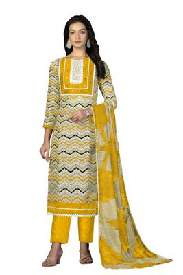 Women's multi designer print and mirror work with fancy border cotton dress material 1