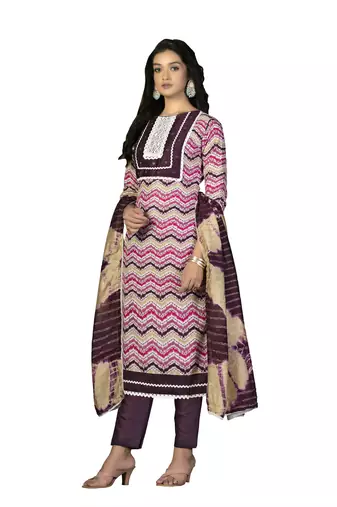 Women's multi designer print and mirror work with fancy border cotton dress material