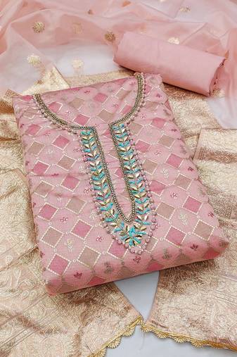 Women's peach unstitched  hand work with organja banarasi dupatta modal silk dress material (msmfc11272c)