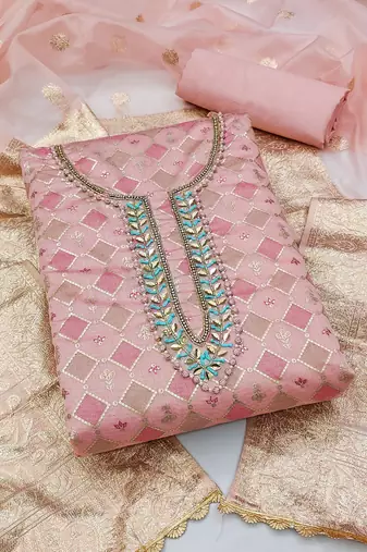 Women's peach unstitched  hand work with organja banarasi dupatta modal silk dress material (msmfc11272c)