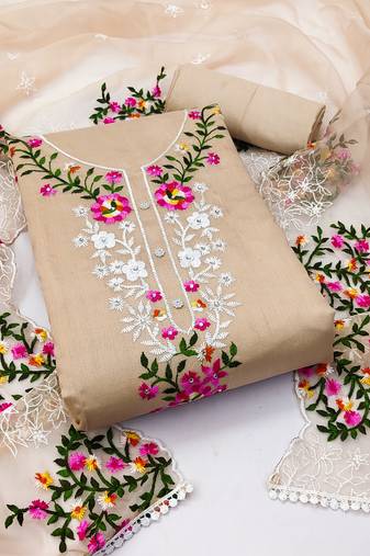 Women's beige unstitched   thread embroidered  with embroidered dupatta modal chanderi dress material (msmfc11274c)