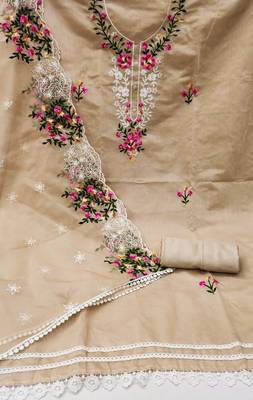 Women's beige thread embroidered with embroidered dupatta modal chanderi dress material 2
