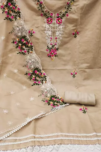 Women's beige thread embroidered with embroidered dupatta modal chanderi dress material