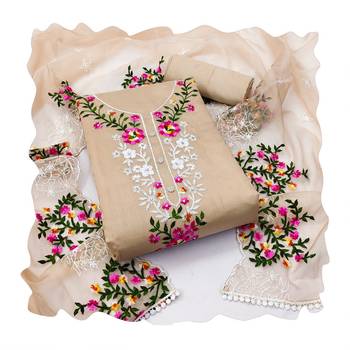 Women's beige thread embroidered with embroidered dupatta modal chanderi dress material 3