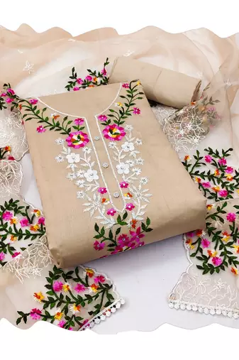 Women's beige thread embroidered with embroidered dupatta modal chanderi dress material