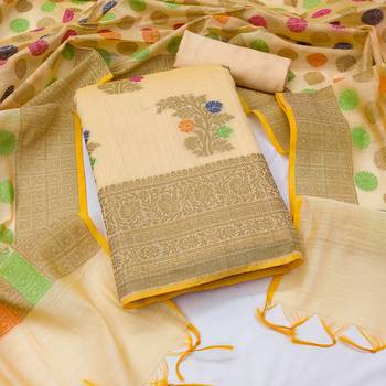 Women's beige designer weaving with fancy dupatta banarasi jacquard dress material 1