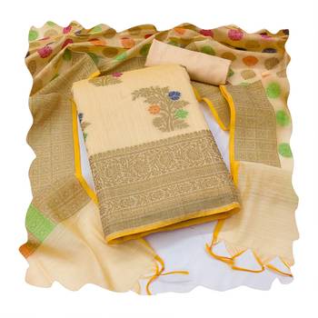 Women's beige designer weaving with fancy dupatta banarasi jacquard dress material 3