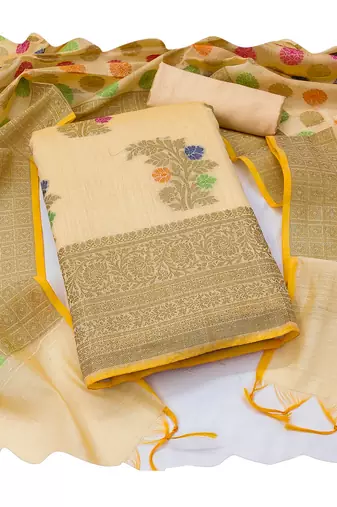 Women's beige designer weaving with fancy dupatta banarasi jacquard dress material