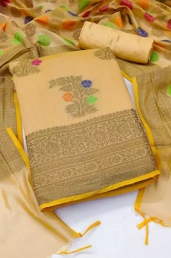 Women's beige unstitched designer weaving with fancy dupatta banarasi jacquard dress material (mnv-msmfc11128a)