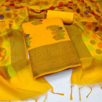 Women's yellow designer weaving with fancy dupatta banarasi jacquard dress material 1
