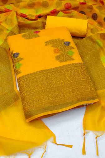Women's yellow unstitched designer weaving with fancy dupatta banarasi jacquard dress material (mnv-msmfc11128b)