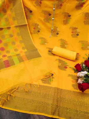 Women's yellow designer weaving with fancy dupatta banarasi jacquard dress material 2