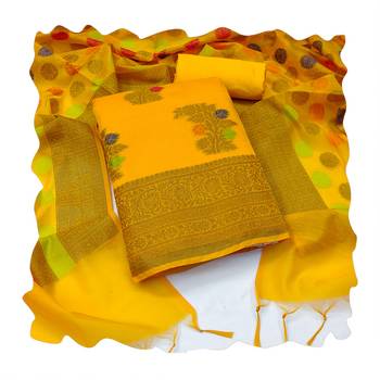Women's yellow designer weaving with fancy dupatta banarasi jacquard dress material 3