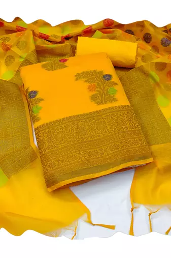 Women's yellow designer weaving with fancy dupatta banarasi jacquard dress material