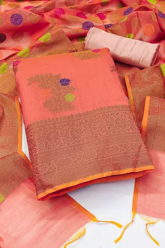 Women's peach unstitched designer weaving with fancy dupatta banarasi jacquard dress material (mnv-msmfc11128c)