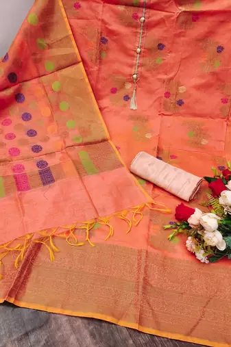 Women's peach unstitched designer weaving with fancy dupatta banarasi jacquard dress material (mnv-msmfc11128c)