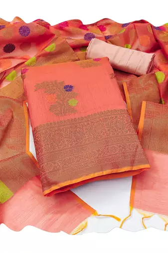 Women's peach unstitched designer weaving with fancy dupatta banarasi jacquard dress material (mnv-msmfc11128c)