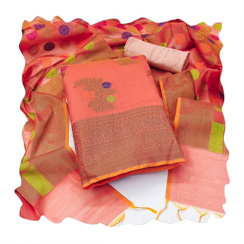 Women's peach unstitched designer weaving with fancy dupatta banarasi jacquard dress material (mnv-msmfc11128c)