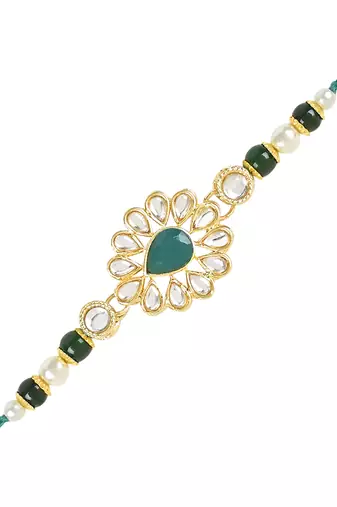 rakshabhandhan special kundan bhaiya bhabhi pearl hanging lumba bracelet rakhi combo set with roli chawal
