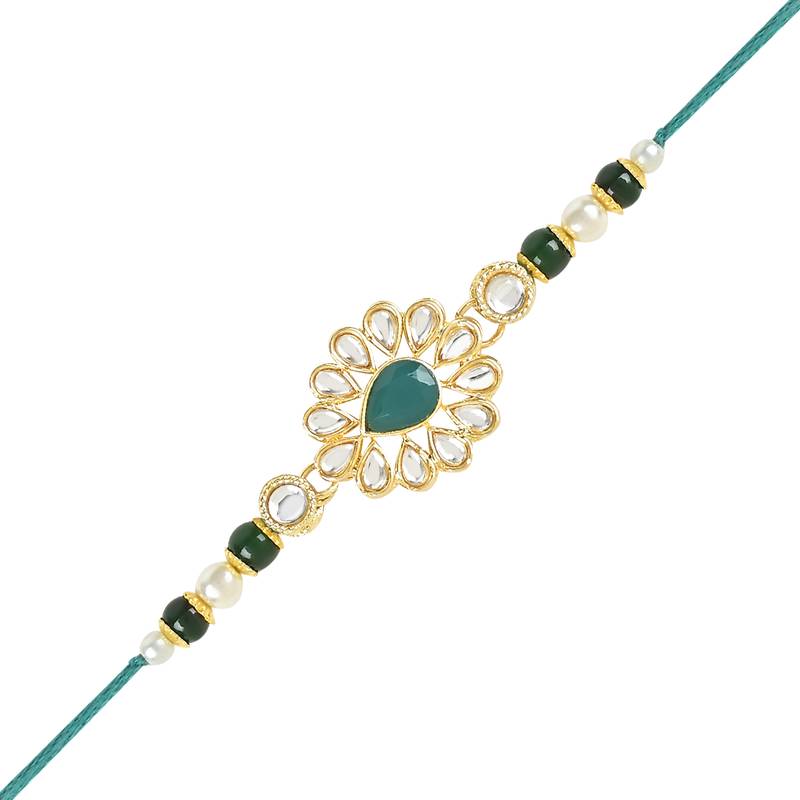 rakshabhandhan special kundan bhaiya bhabhi pearl hanging lumba bracelet rakhi combo set with roli chawal
