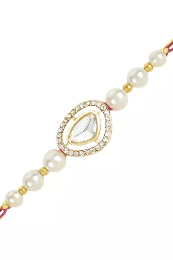 rakshabhandhan special kundan pearl hanging lumba bracelet rakhi combo set with roli chawal