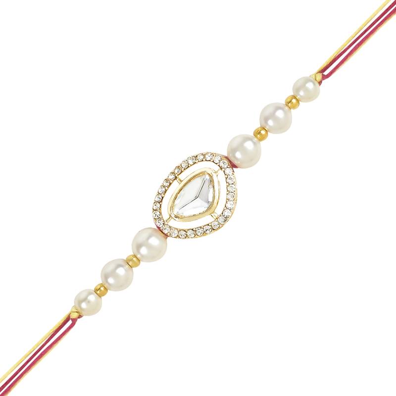 rakshabhandhan special kundan bhaiya bhabhi pearl hanging lumba bracelet rakhi combo set with roli chawal