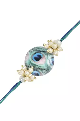 rakshabhandhan special peacock feather beads bhaiya bhabhi pearl hanging lumba rakhi combo set with