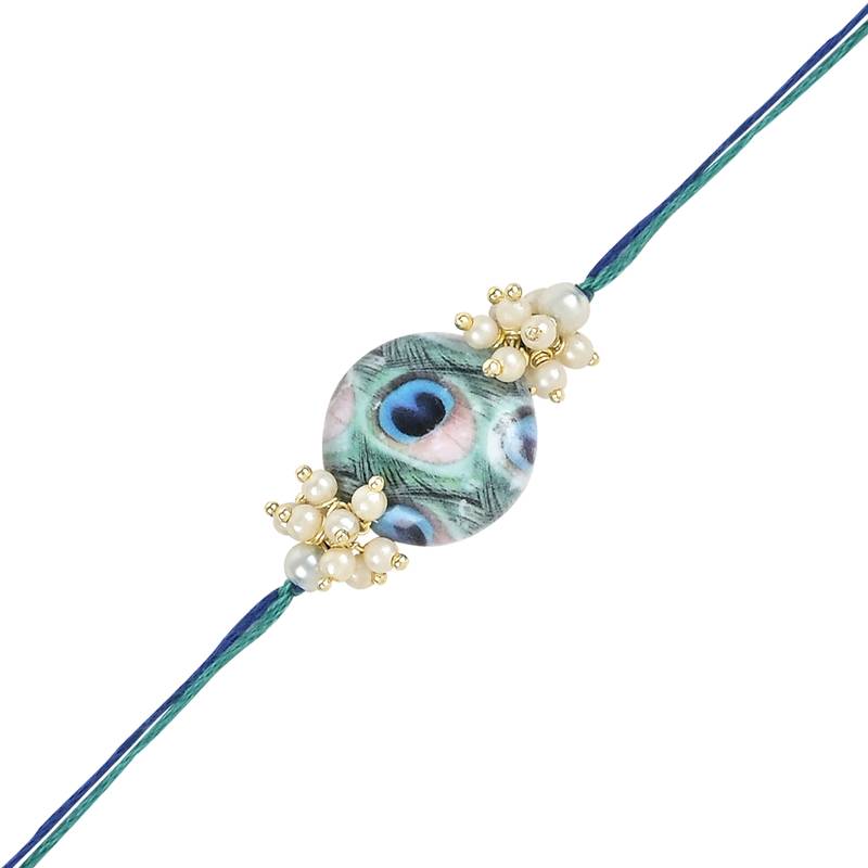 rakshabhandhan special peacock feather beads bhaiya bhabhi pearl hanging lumba rakhi combo set with