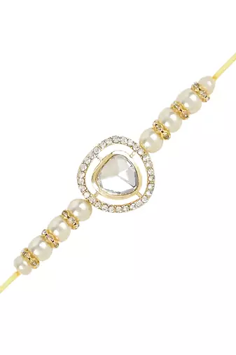 rakshabhandhan special kundan bhaiya bhabhi pearl hanging lumba bracelet rakhi combo set with roli chawal