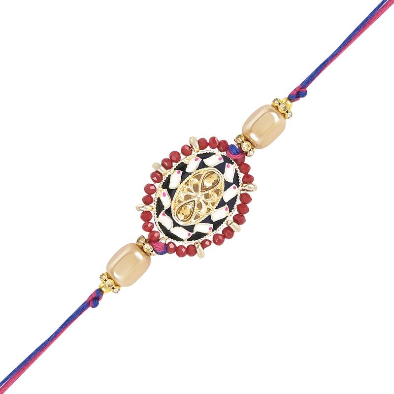 rakshabhandhan special kundan bhaiya bhabhi pearl hanging lumba bracelet rakhi combo set with roli chawal
