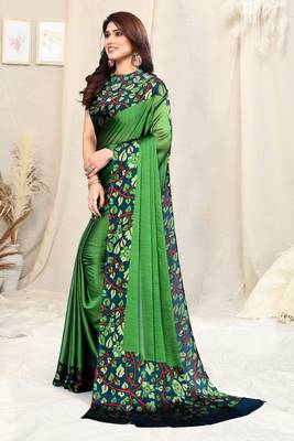 Parrot Green Chiffon Solid Kalmkari Printed Border Saree With Unstitched Blouse Piece 2
