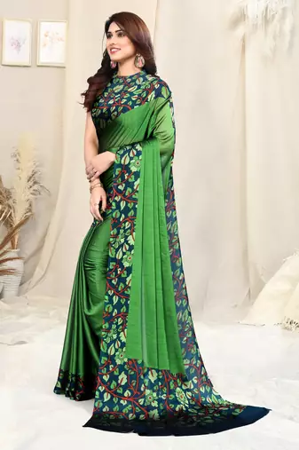 Parrot Green Chiffon Solid Kalmkari Printed Border Saree With Unstitched Blouse Piece