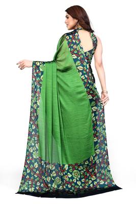 Parrot Green Chiffon Solid Kalmkari Printed Border Saree With Unstitched Blouse Piece 3