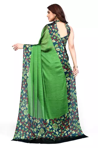 Parrot Green Chiffon Solid Kalmkari Printed Border Saree With Unstitched Blouse Piece
