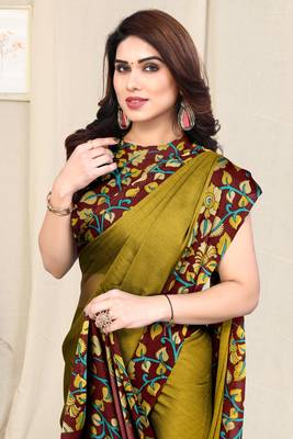 Mustard Chiffon Solid Kalmkari Printed Border Saree With Unstitched Blouse Piece 1