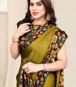 Mustard Chiffon Solid Kalmkari Printed Border Saree With Unstitched Blouse Piece