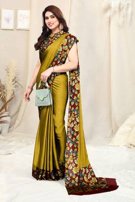 Mustard Chiffon Solid Kalmkari Printed Border Saree With Unstitched Blouse Piece 2