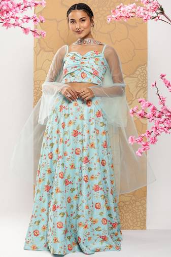 Ethnovog Ready To Wear Blue Embroidered Art Silk  Bell Sleeves Lehenga Set