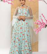Ethnovog Ready To Wear Blue Embroidered Art Silk  Bell Sleeves Lehenga Set