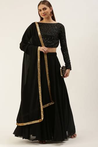 Ethnovog Ready To Wear Black Embroidered Sequins Lehenga Set