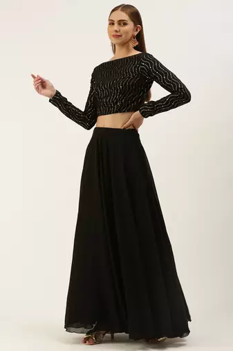 Ethnovog Ready To Wear Black Embroidered Sequins Lehenga Set