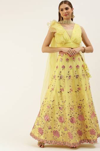 Ethnovog Ready To Wear Yellow Organza Embroidered Lehenga Set