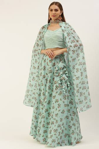 Ethnovog Ready To Wear Mint Green Georgette Digital Printed Lehenga Set