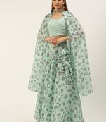 Ethnovog Ready To Wear Mint Green Georgette Digital Printed Lehenga Set