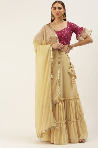 Ethnovog Ready To Wear Dark Pink Sequins Embroidered N Beige Georgette Lehenga Set