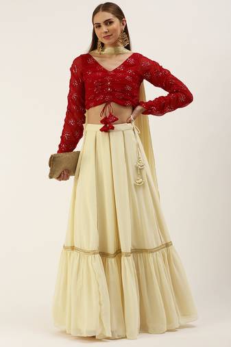 EthnoVog Ready To Wear Red N Off White Embroidered Lehenga Set