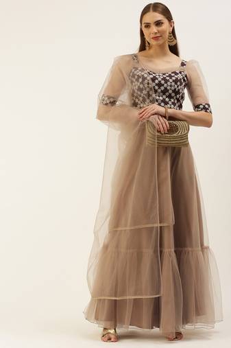 Ethnovog Ready To Wear Dark Wine Muslin Sequins Lehenga Set