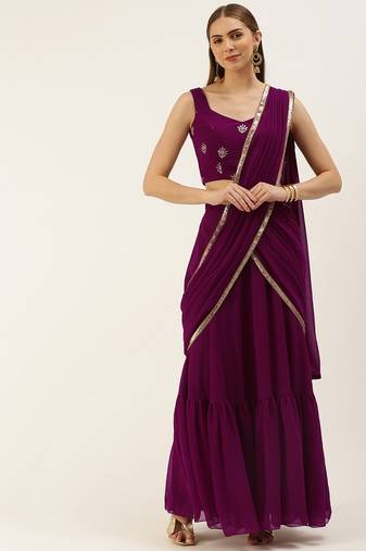 Ethnovog Ready To Wear Magenta Georgette Embroidered Lehenga Set