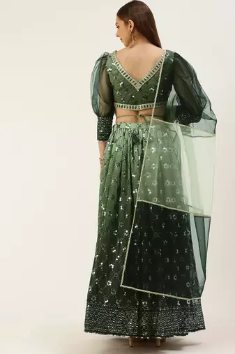 Ethnovog Ready To Wear Green Embroidered Ombre Embellished Lehenga Set